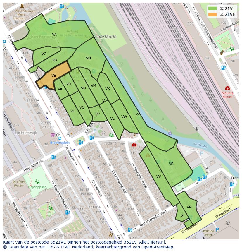 Afbeelding van het postcodegebied 3521 VE op de kaart.