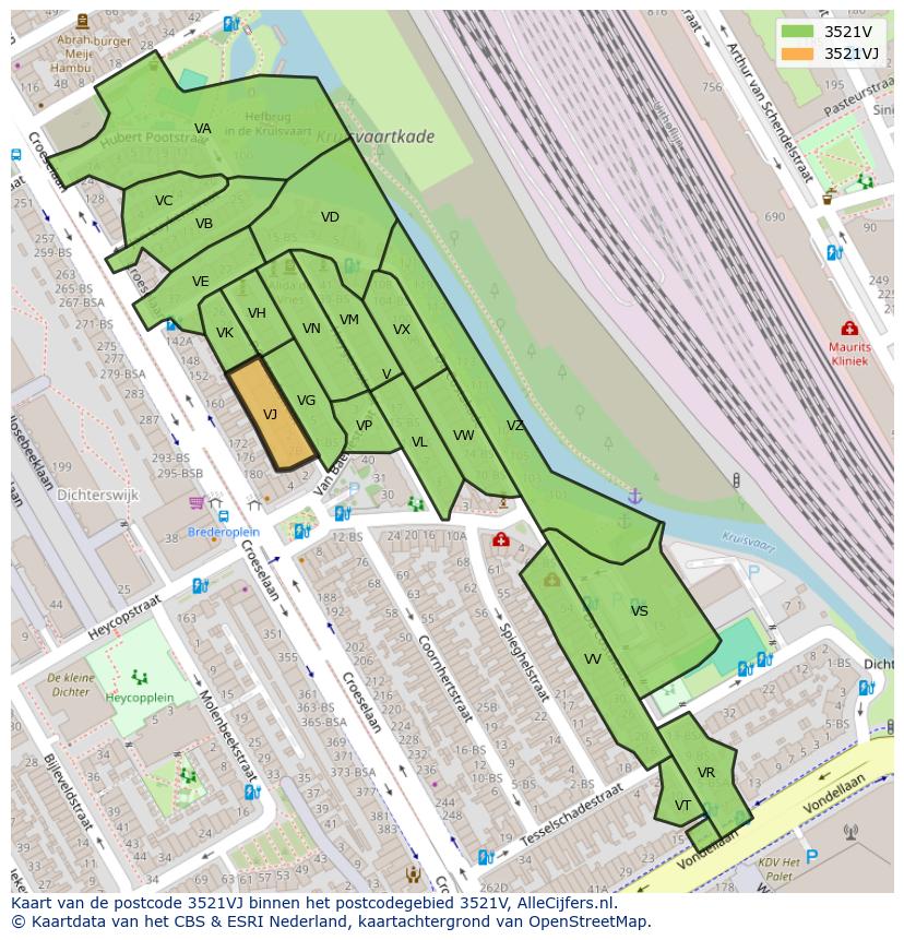 Afbeelding van het postcodegebied 3521 VJ op de kaart.