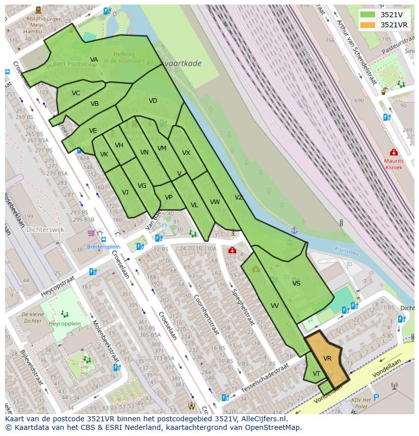 Afbeelding van het postcodegebied 3521 VR op de kaart.