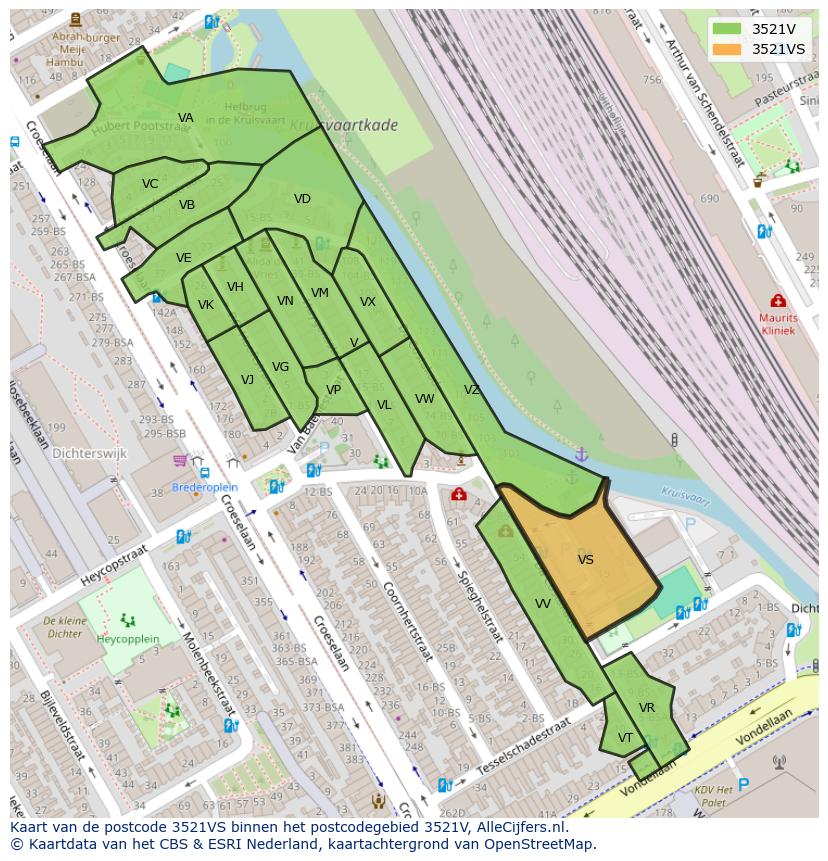 Afbeelding van het postcodegebied 3521 VS op de kaart.