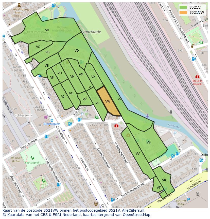 Afbeelding van het postcodegebied 3521 VW op de kaart.