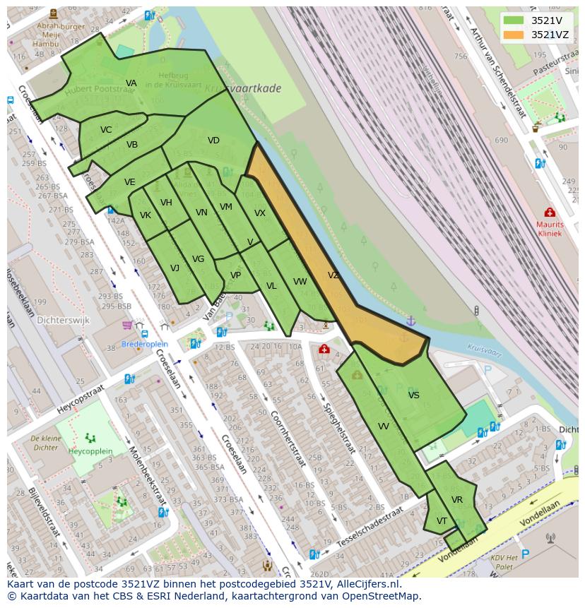 Afbeelding van het postcodegebied 3521 VZ op de kaart.