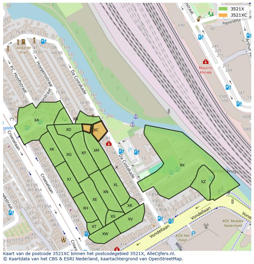 Afbeelding van het postcodegebied 3521 XC op de kaart.