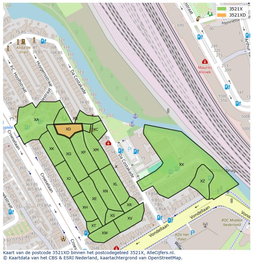 Afbeelding van het postcodegebied 3521 XD op de kaart.