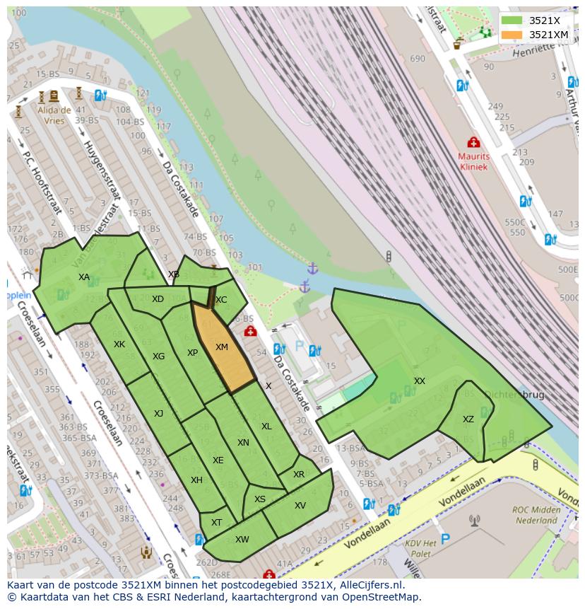 Afbeelding van het postcodegebied 3521 XM op de kaart.