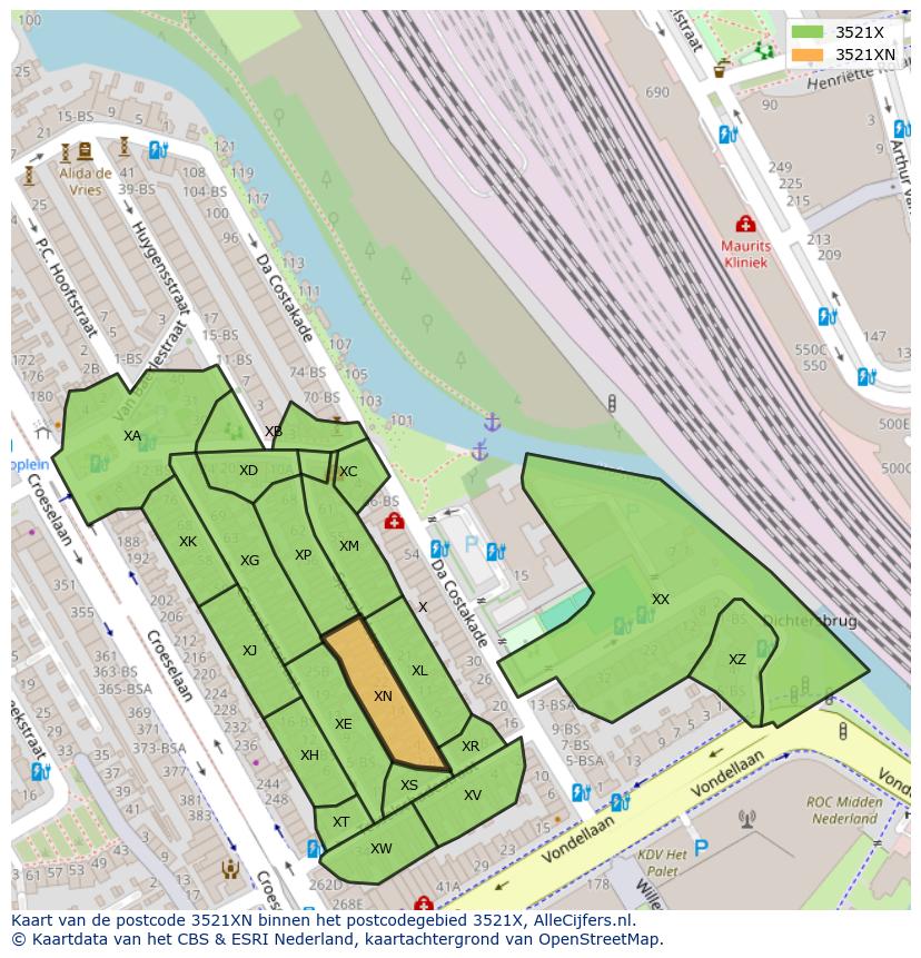 Afbeelding van het postcodegebied 3521 XN op de kaart.