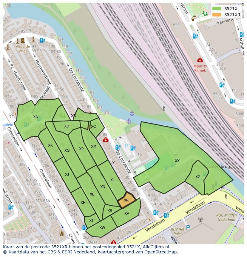 Afbeelding van het postcodegebied 3521 XR op de kaart.