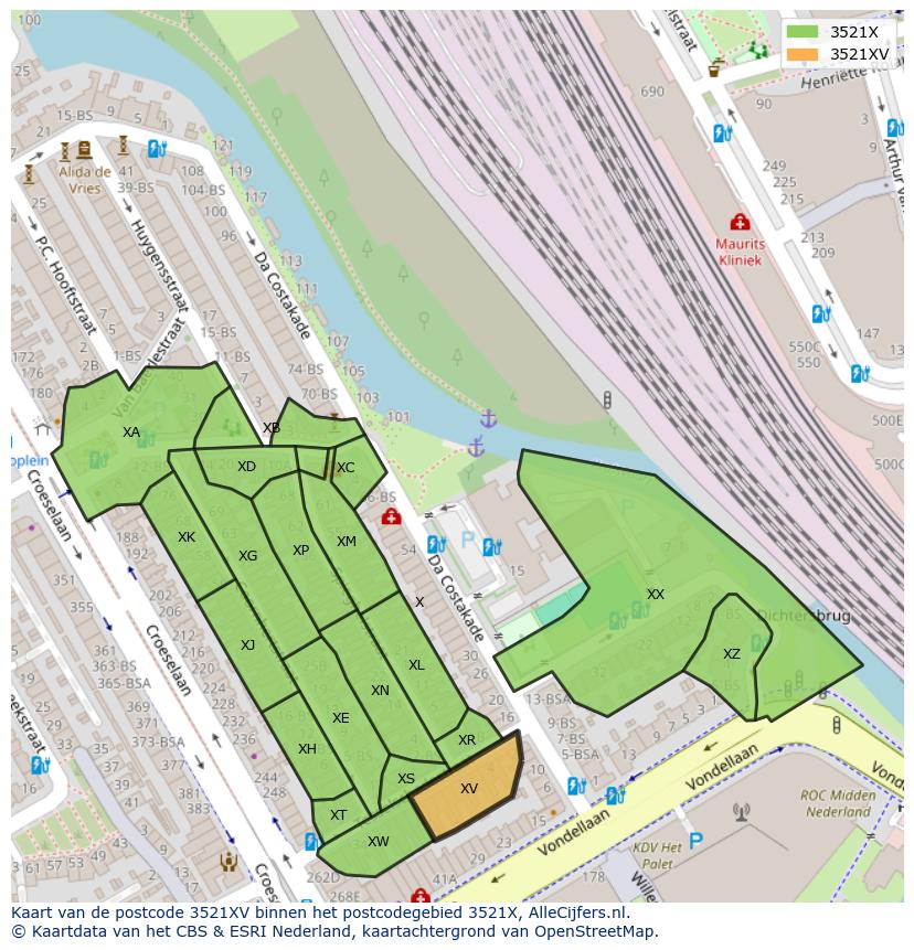 Afbeelding van het postcodegebied 3521 XV op de kaart.
