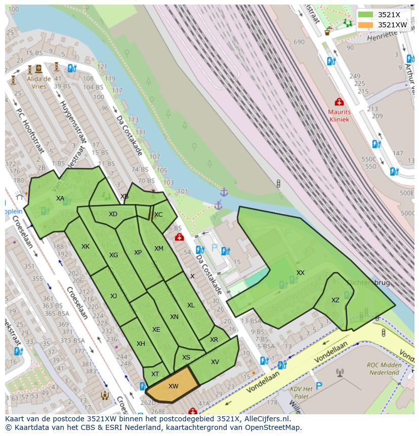Afbeelding van het postcodegebied 3521 XW op de kaart.