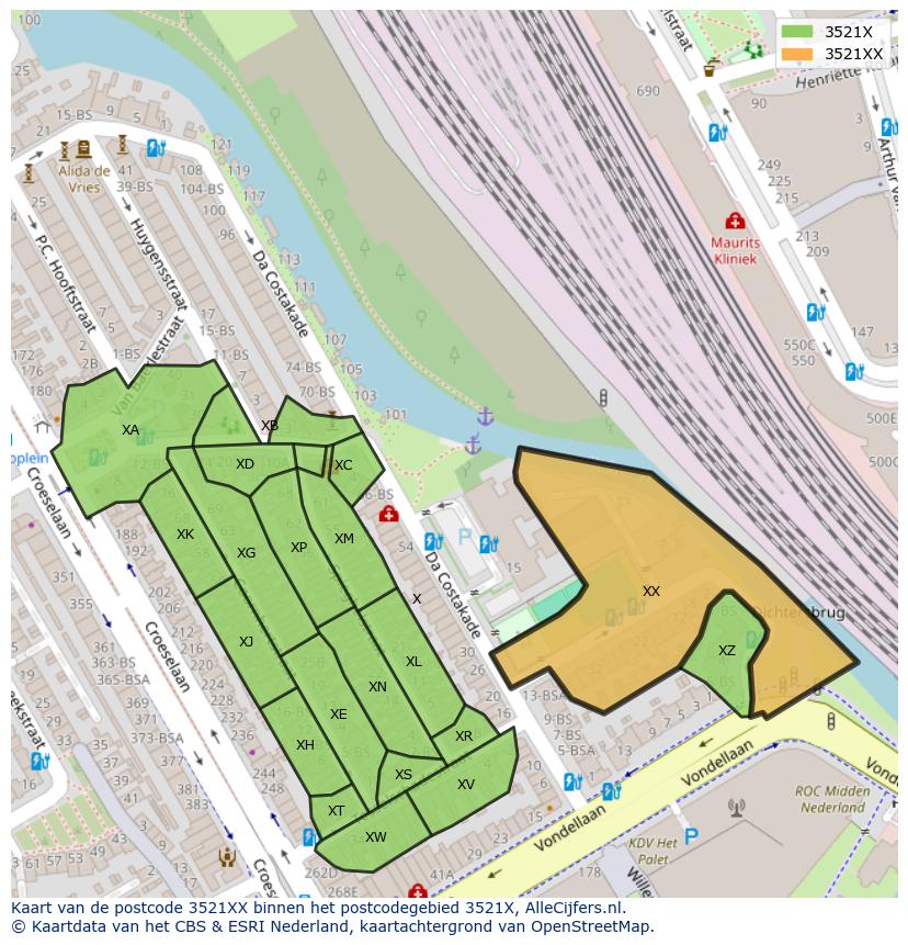 Afbeelding van het postcodegebied 3521 XX op de kaart.