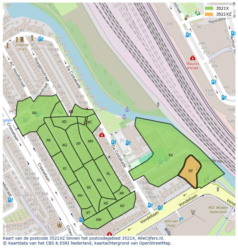Afbeelding van het postcodegebied 3521 XZ op de kaart.