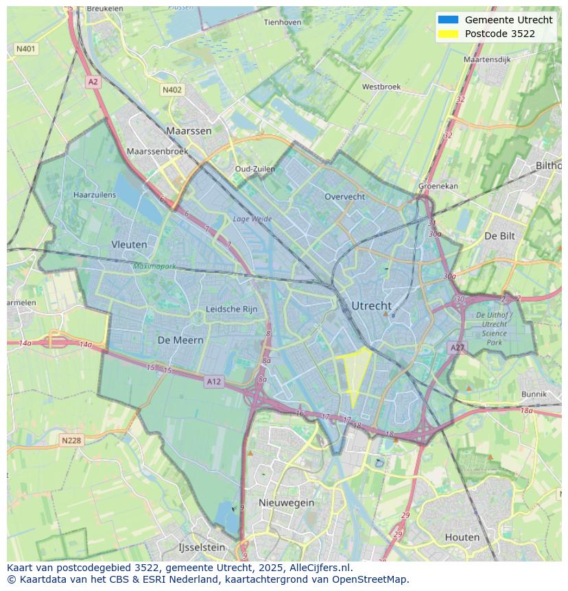 Afbeelding van het postcodegebied 3522 op de kaart.