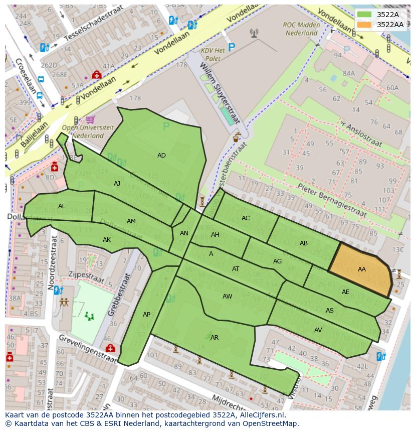 Afbeelding van het postcodegebied 3522 AA op de kaart.