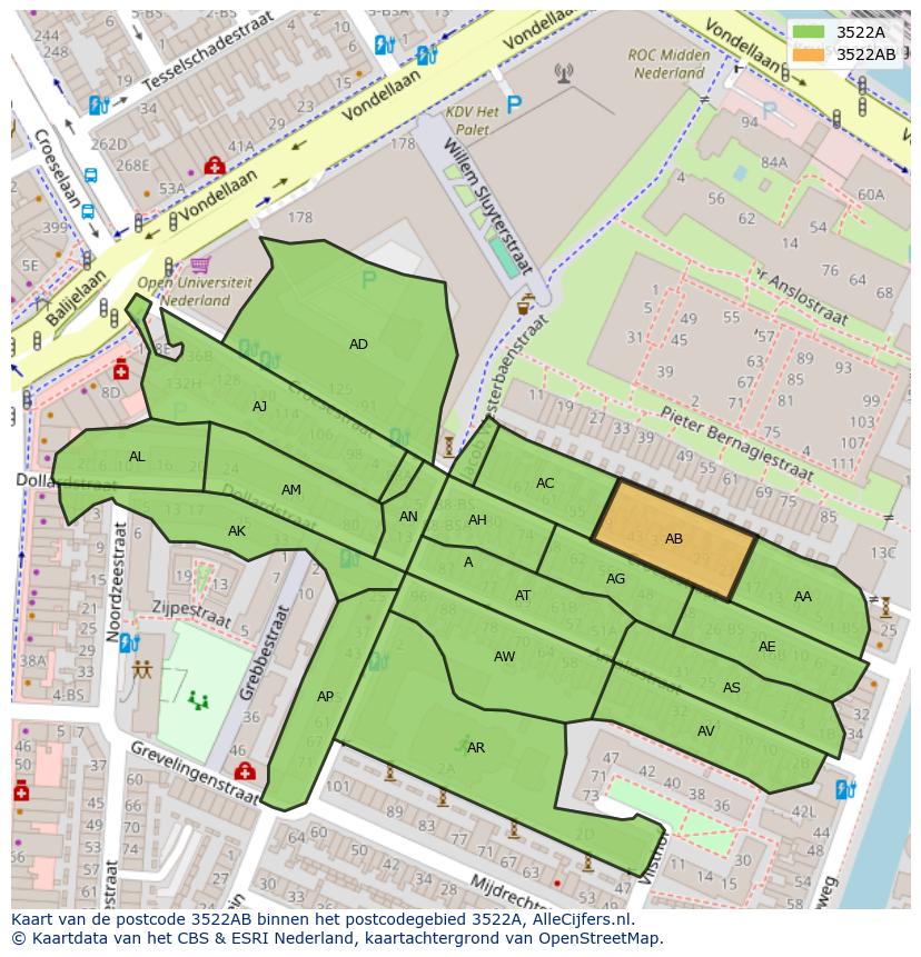 Afbeelding van het postcodegebied 3522 AB op de kaart.