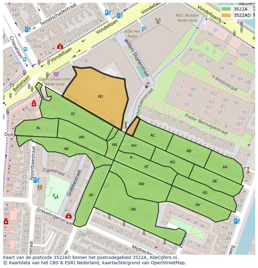 Afbeelding van het postcodegebied 3522 AD op de kaart.