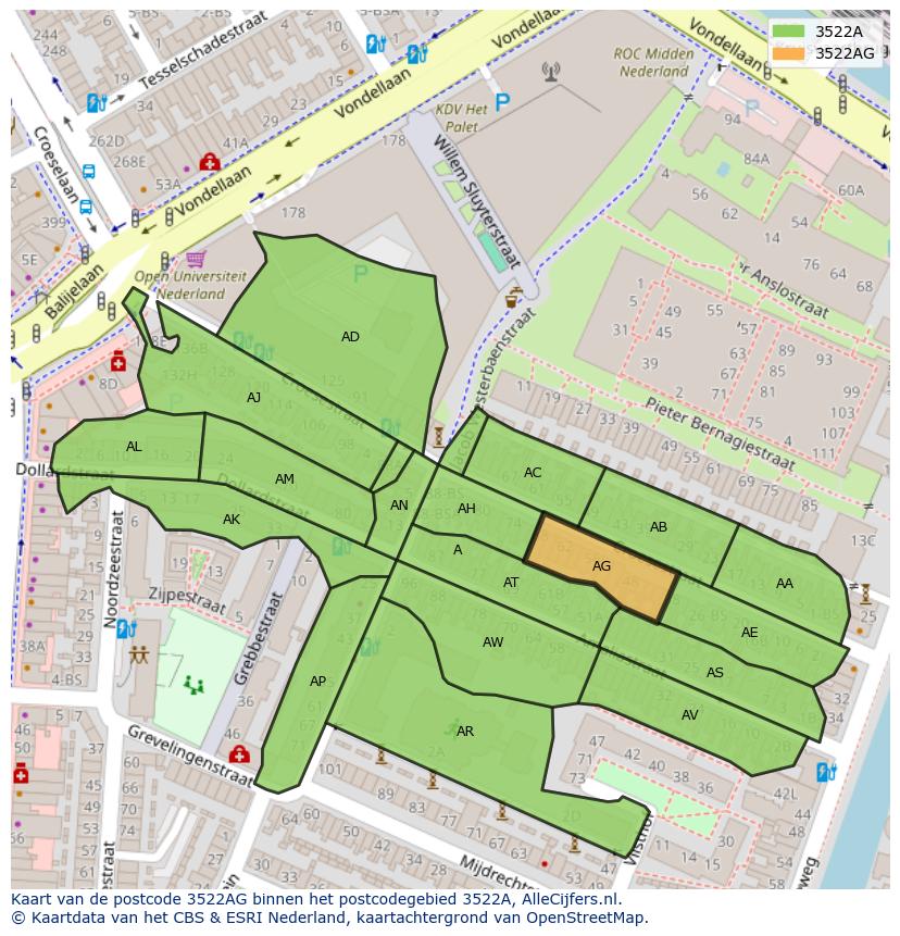 Afbeelding van het postcodegebied 3522 AG op de kaart.