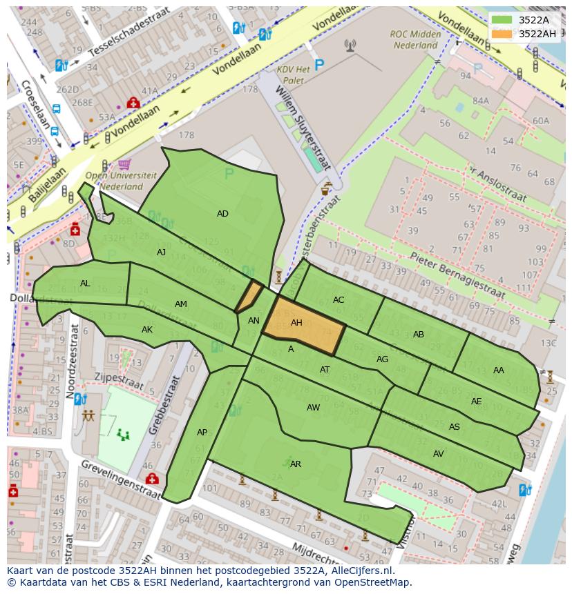 Afbeelding van het postcodegebied 3522 AH op de kaart.