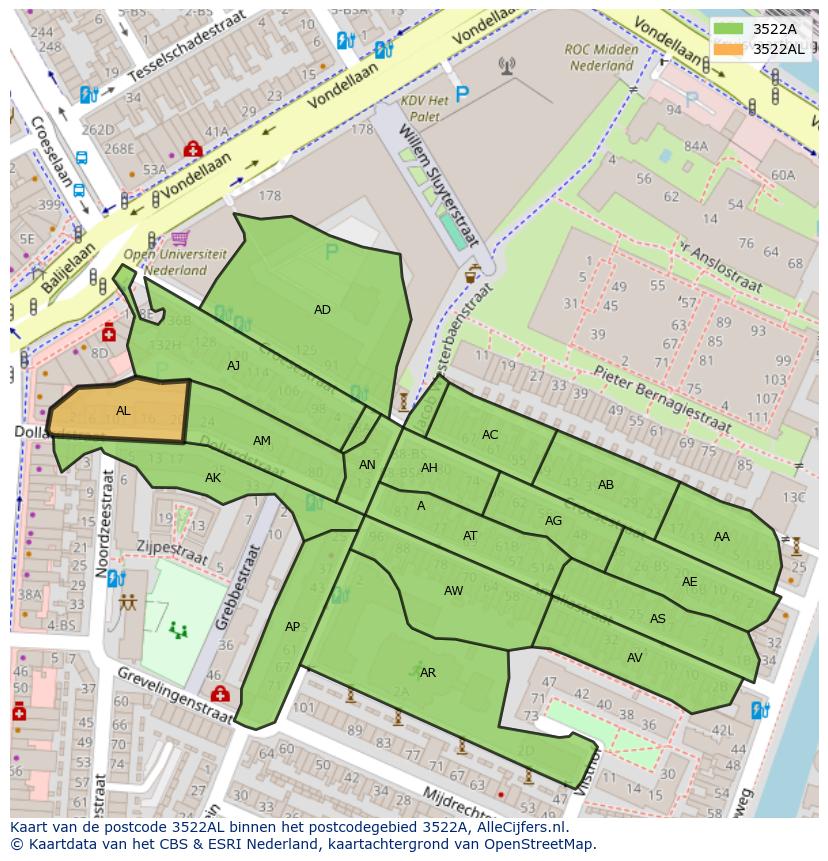 Afbeelding van het postcodegebied 3522 AL op de kaart.