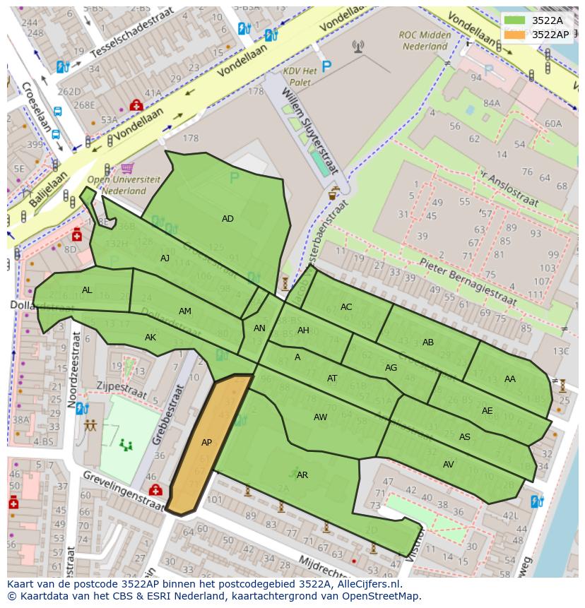 Afbeelding van het postcodegebied 3522 AP op de kaart.