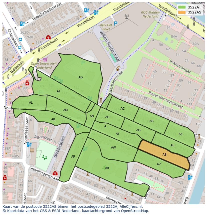 Afbeelding van het postcodegebied 3522 AS op de kaart.