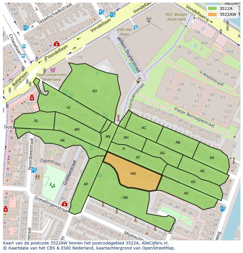 Afbeelding van het postcodegebied 3522 AW op de kaart.