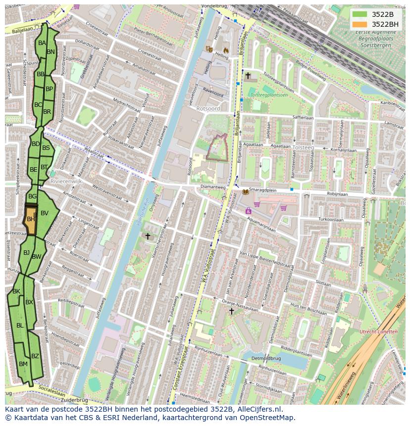 Afbeelding van het postcodegebied 3522 BH op de kaart.