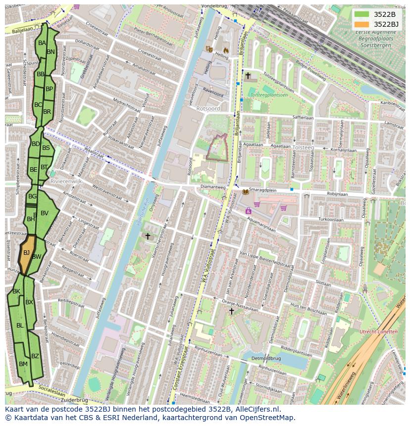 Afbeelding van het postcodegebied 3522 BJ op de kaart.