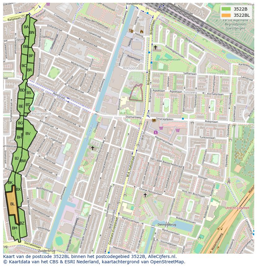 Afbeelding van het postcodegebied 3522 BL op de kaart.