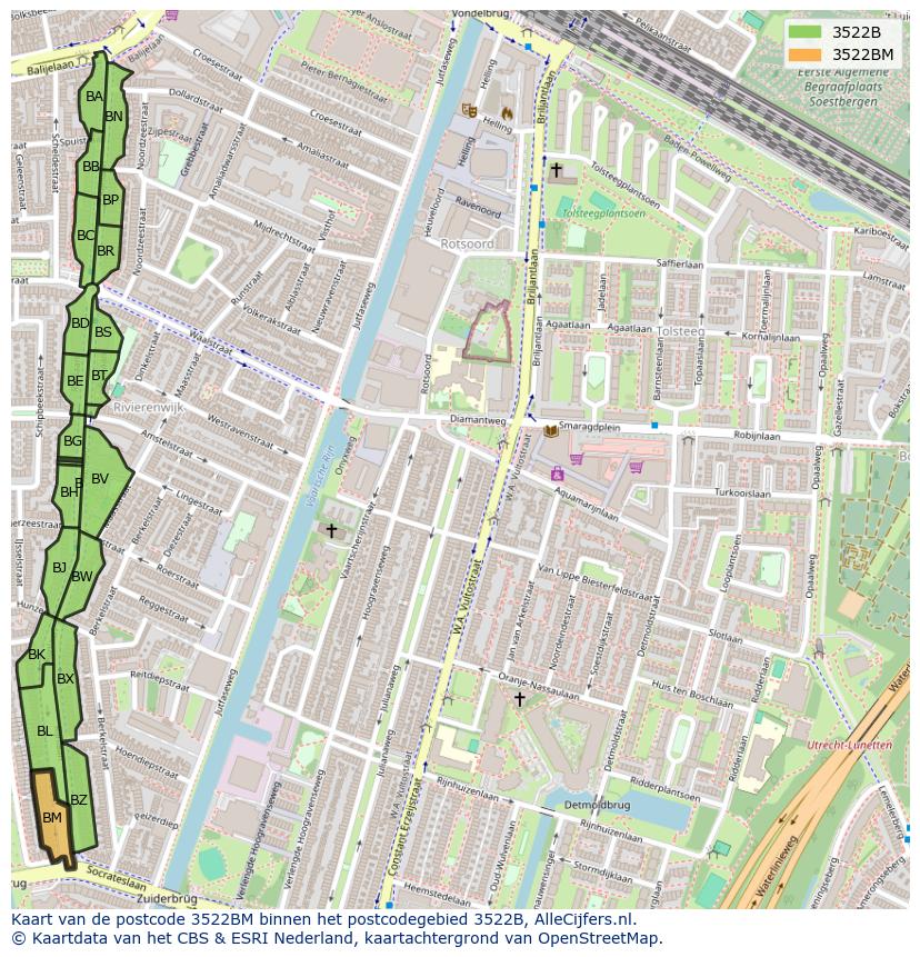 Afbeelding van het postcodegebied 3522 BM op de kaart.