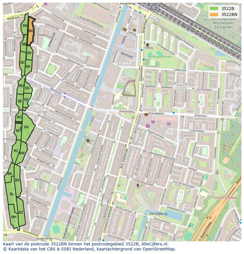 Afbeelding van het postcodegebied 3522 BN op de kaart.
