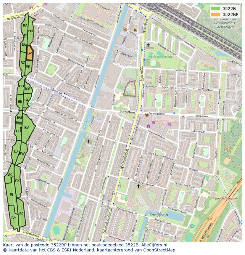 Afbeelding van het postcodegebied 3522 BP op de kaart.