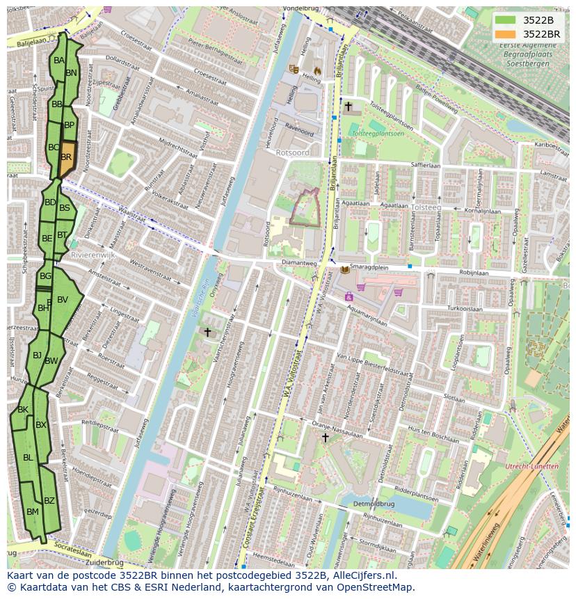 Afbeelding van het postcodegebied 3522 BR op de kaart.