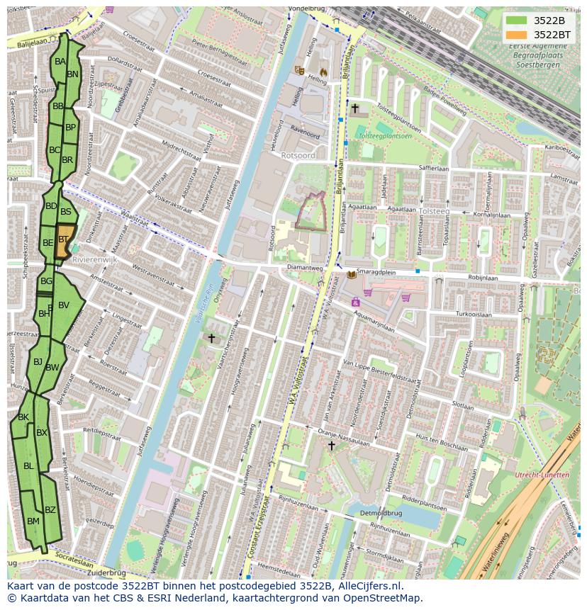 Afbeelding van het postcodegebied 3522 BT op de kaart.