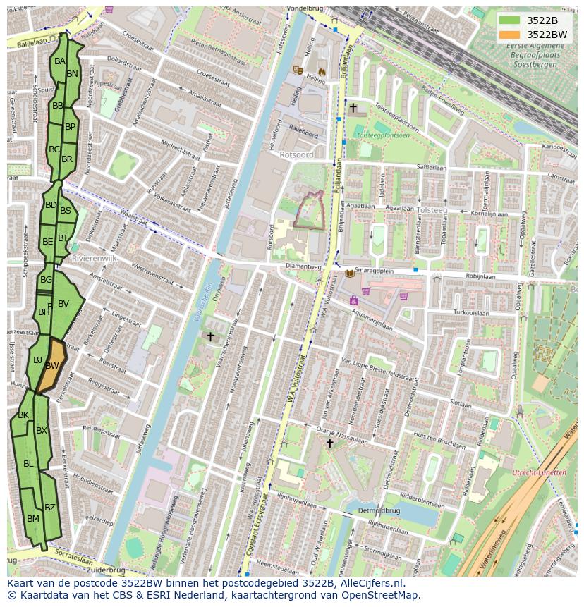 Afbeelding van het postcodegebied 3522 BW op de kaart.