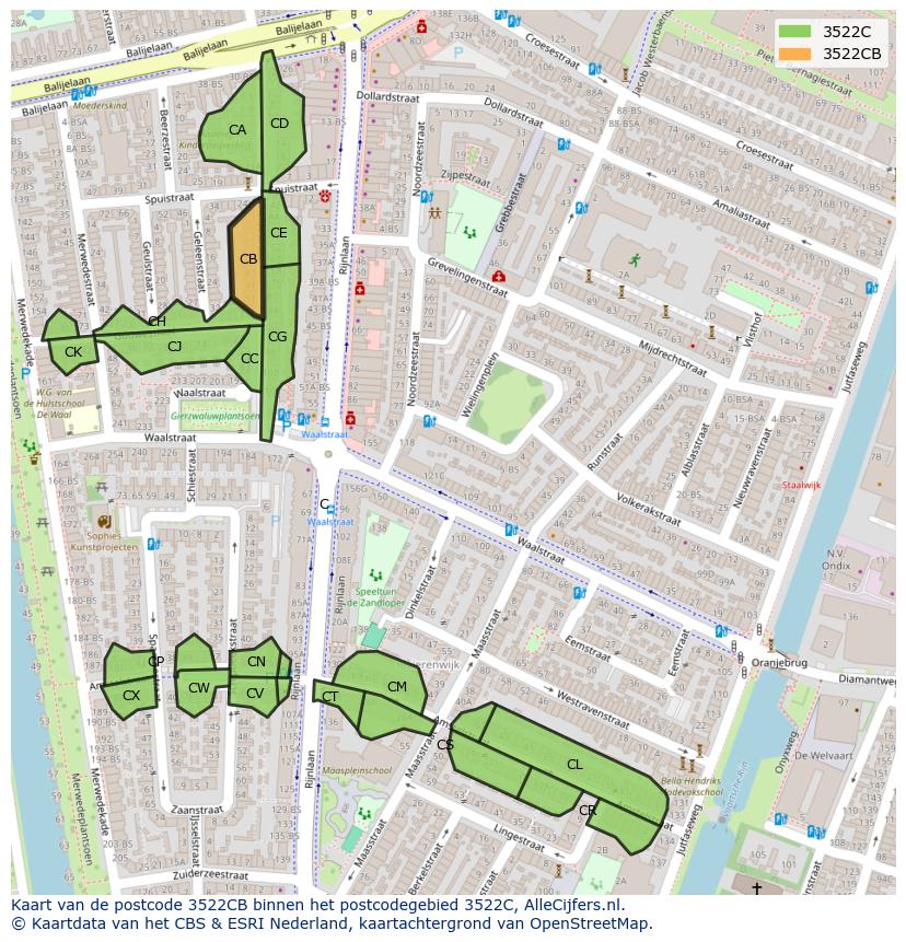 Afbeelding van het postcodegebied 3522 CB op de kaart.