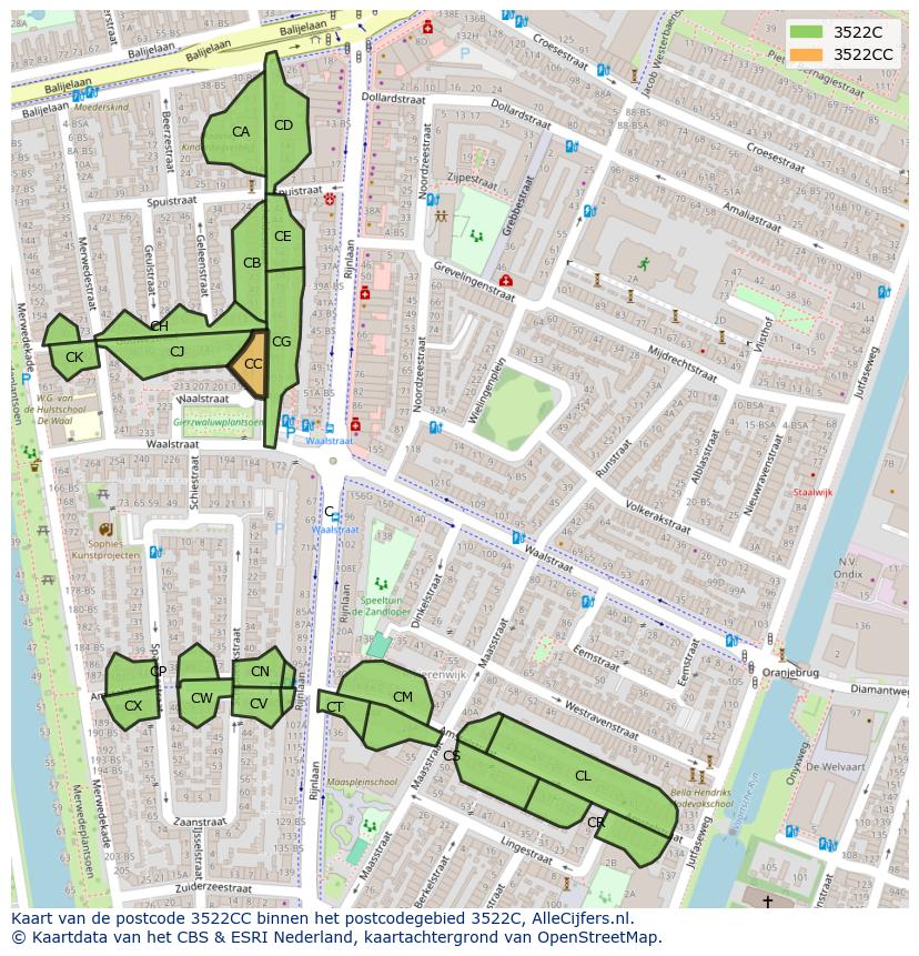 Afbeelding van het postcodegebied 3522 CC op de kaart.