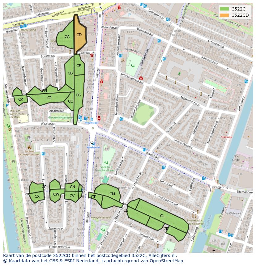 Afbeelding van het postcodegebied 3522 CD op de kaart.