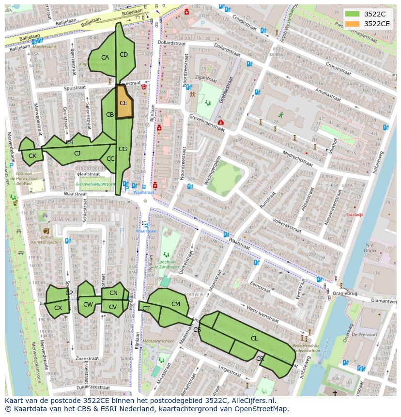 Afbeelding van het postcodegebied 3522 CE op de kaart.