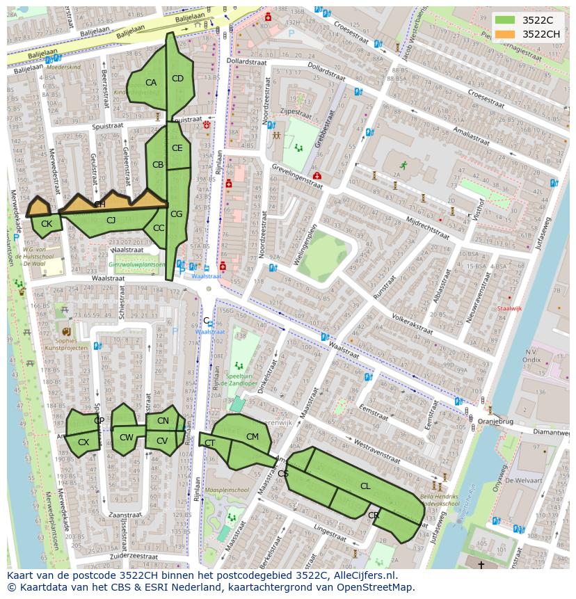 Afbeelding van het postcodegebied 3522 CH op de kaart.
