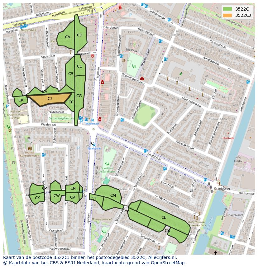 Afbeelding van het postcodegebied 3522 CJ op de kaart.