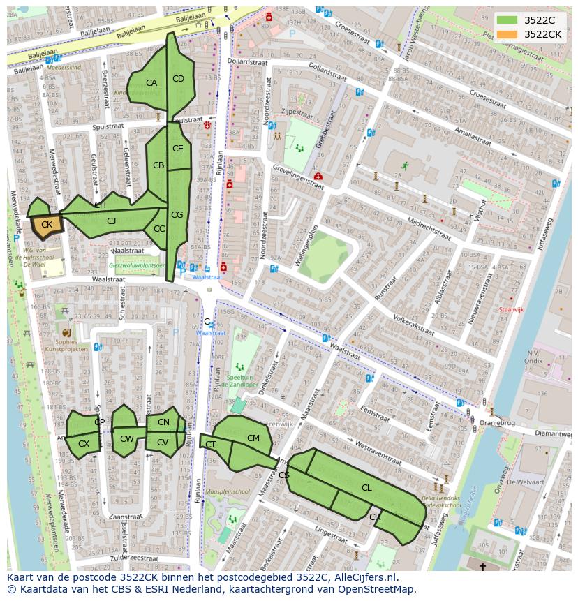 Afbeelding van het postcodegebied 3522 CK op de kaart.