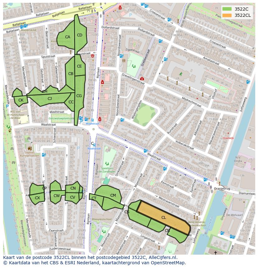 Afbeelding van het postcodegebied 3522 CL op de kaart.
