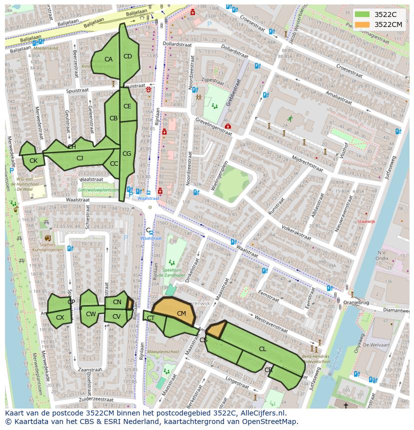 Afbeelding van het postcodegebied 3522 CM op de kaart.