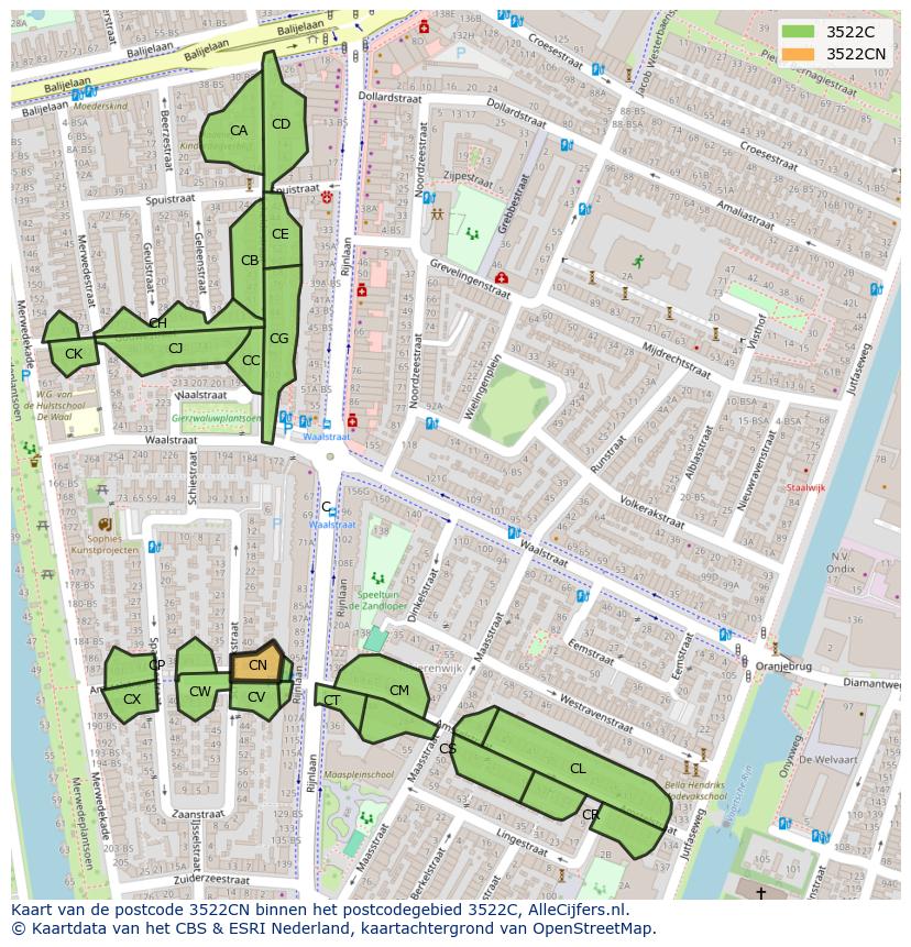 Afbeelding van het postcodegebied 3522 CN op de kaart.