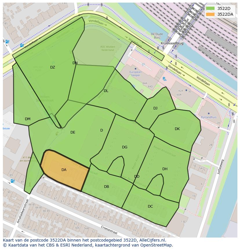 Afbeelding van het postcodegebied 3522 DA op de kaart.
