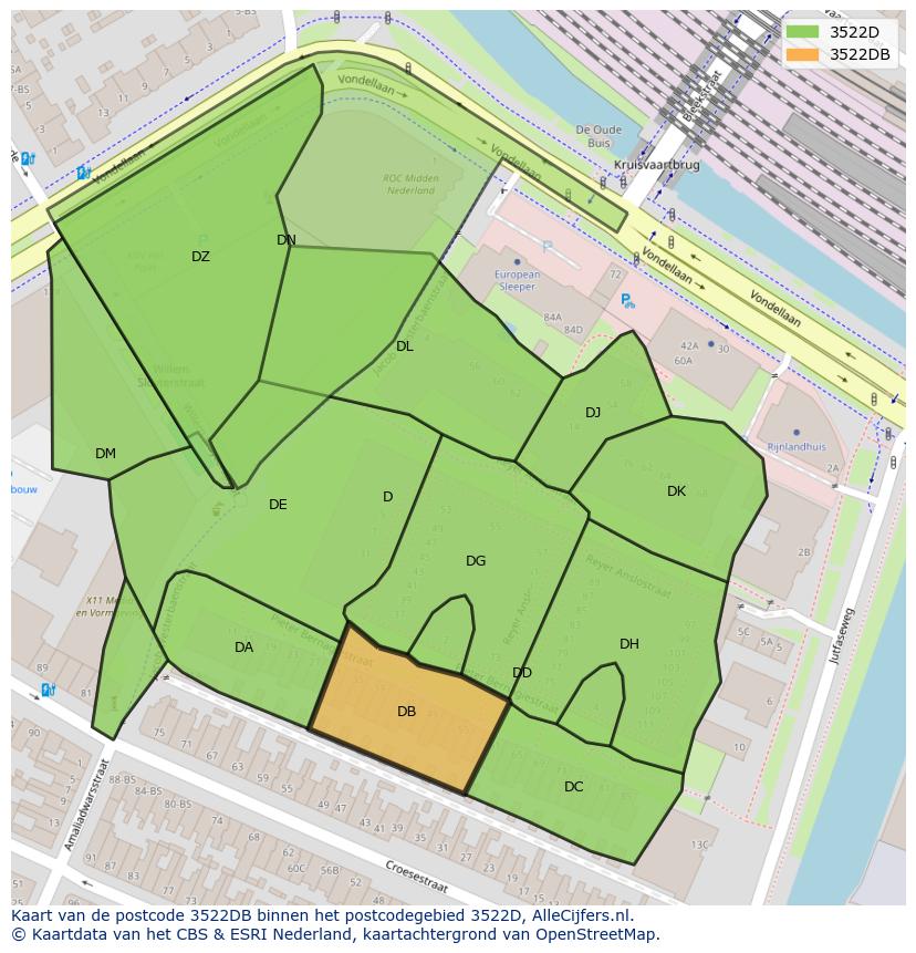 Afbeelding van het postcodegebied 3522 DB op de kaart.