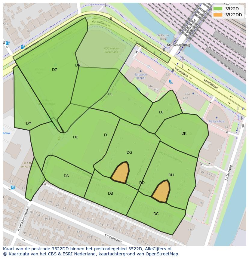 Afbeelding van het postcodegebied 3522 DD op de kaart.