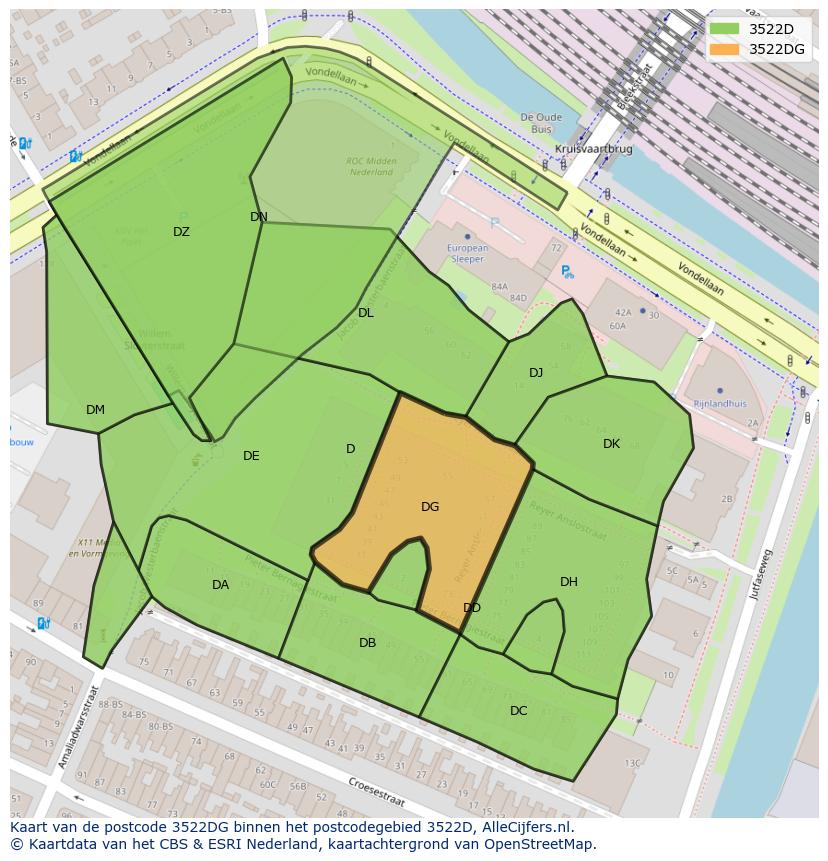 Afbeelding van het postcodegebied 3522 DG op de kaart.