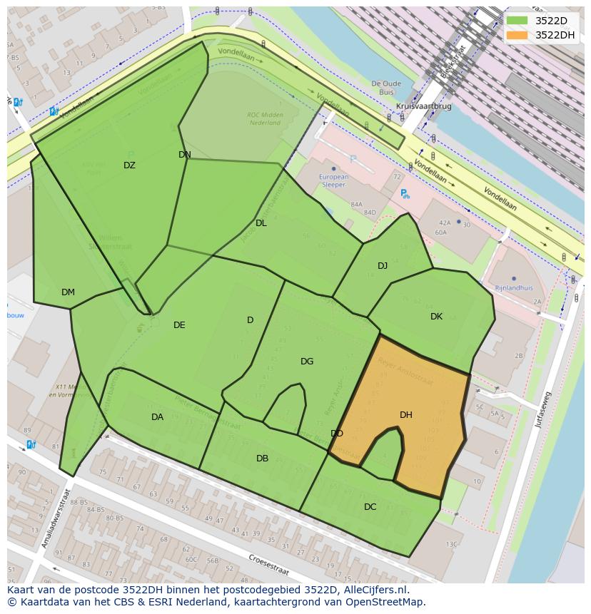 Afbeelding van het postcodegebied 3522 DH op de kaart.