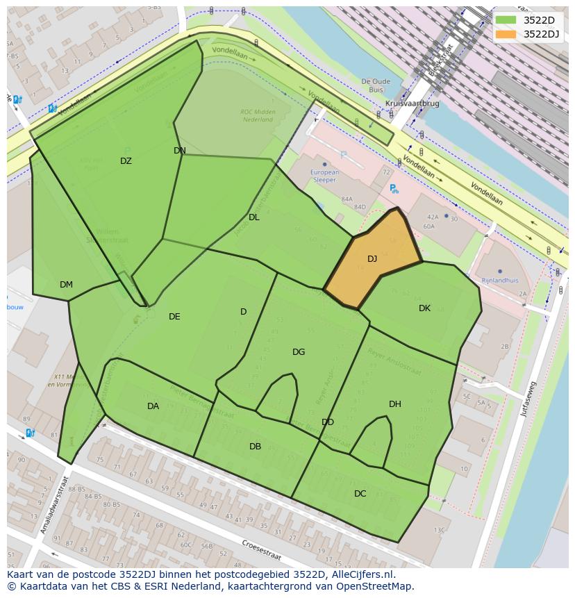 Afbeelding van het postcodegebied 3522 DJ op de kaart.